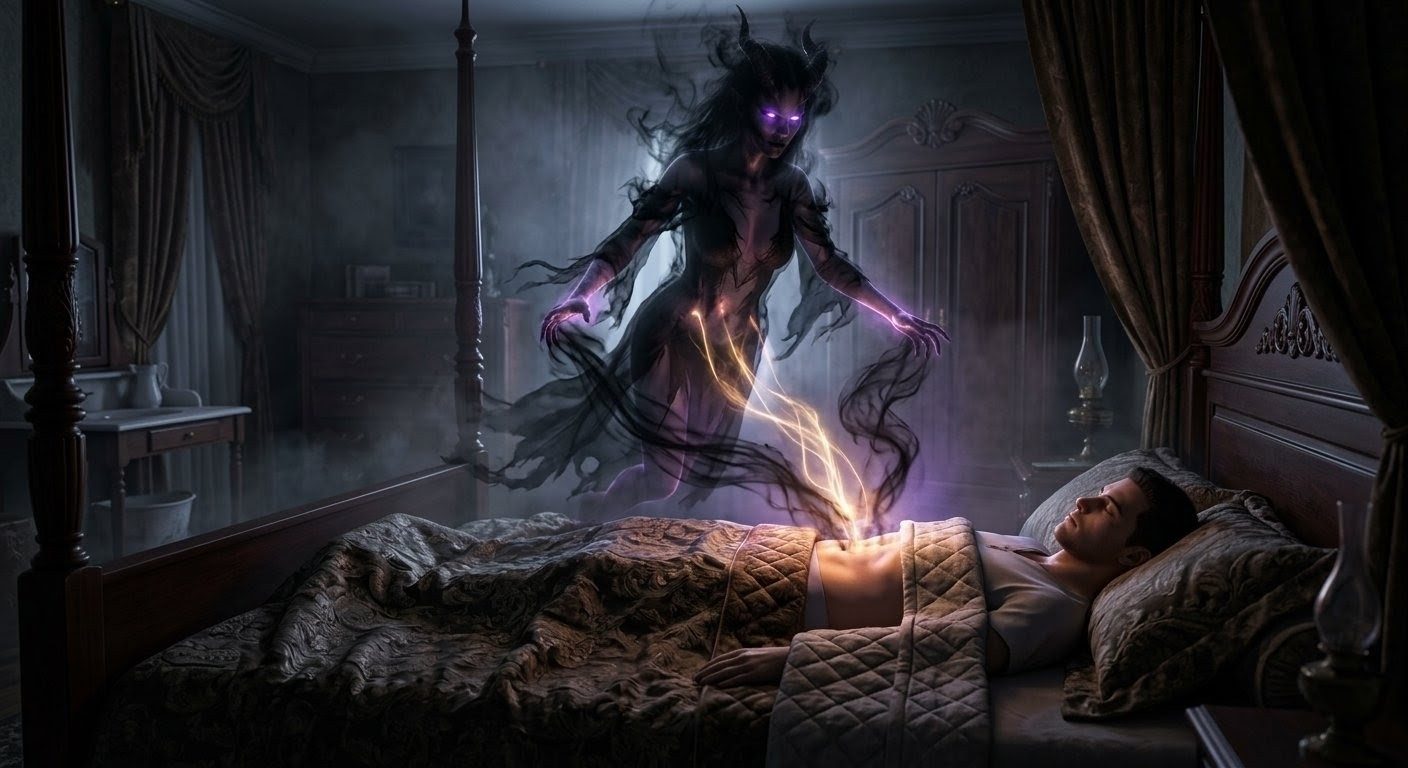 Ethereal demonic entity extracting luminescent energy from sleeping human, astral parasite visualization