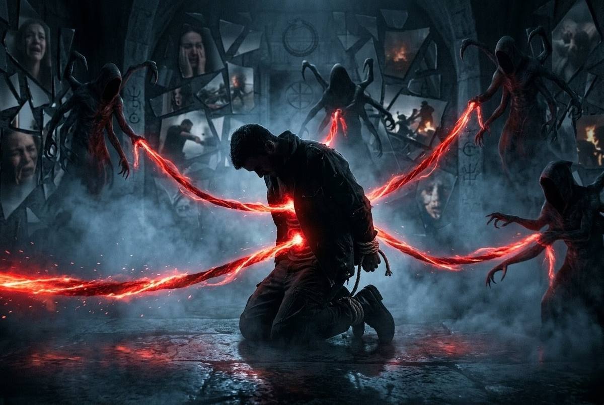 Silhouetted figure with glowing energetic cords binding them to shadowy forms