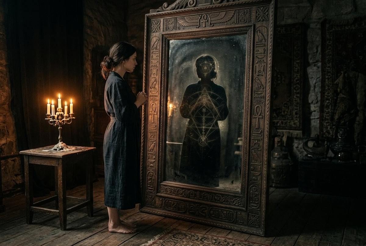 Figure facing mirror with shadow containing geometric archonic symbols