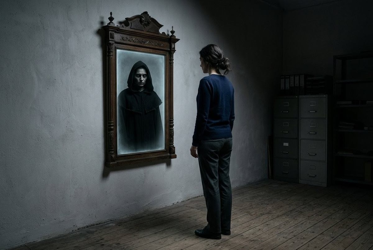 Figure looking into mirror where reflection shows different face with shadowy features