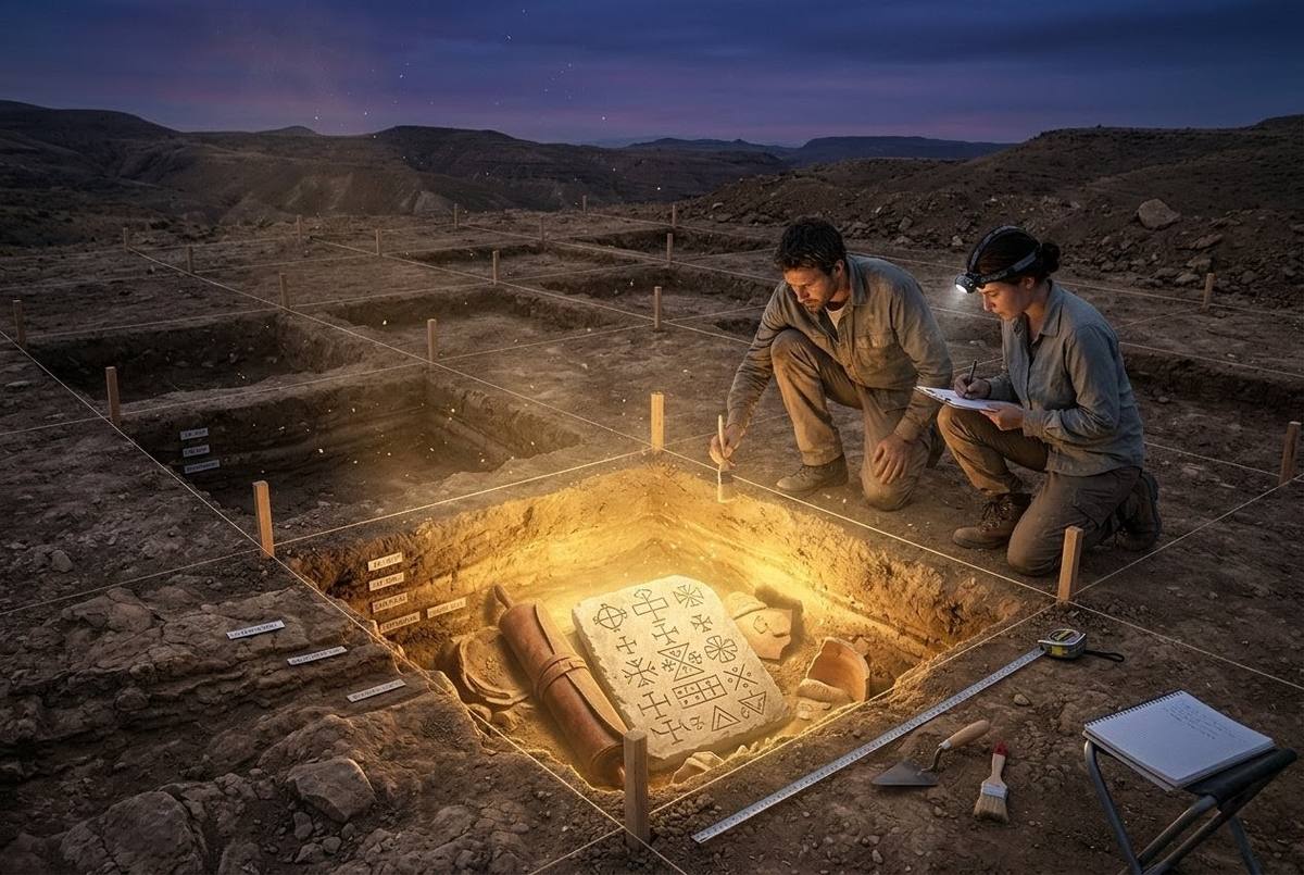 Archaeological excavation site with golden light emanating from unearthed Gnostic artifacts