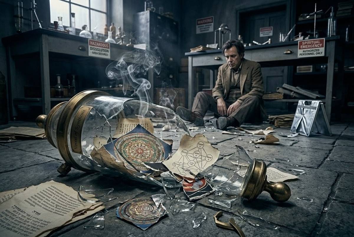 Broken alchemical vessel with fragments of spiritual traditions