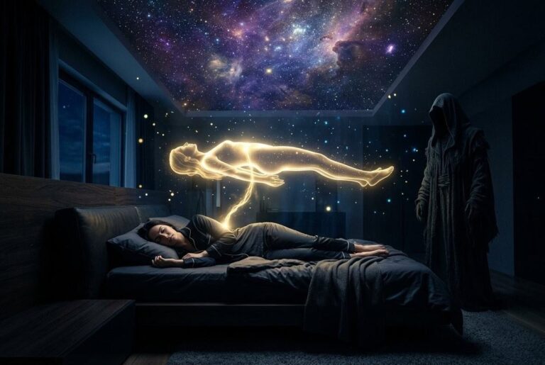 Woman experiencing sleep paralysis with astral body rising and shadow entity at foot of bed