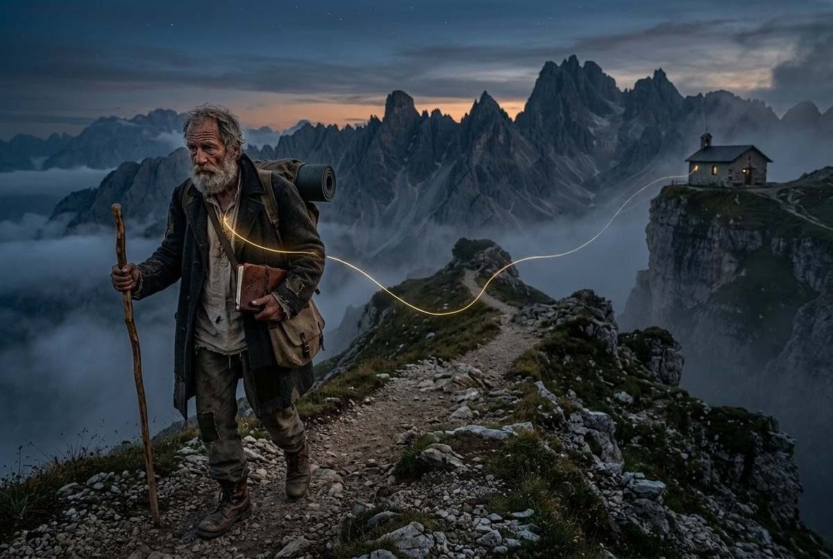 Elderly wanderer with staff walking mountain trail, golden thread extending from chest into distance