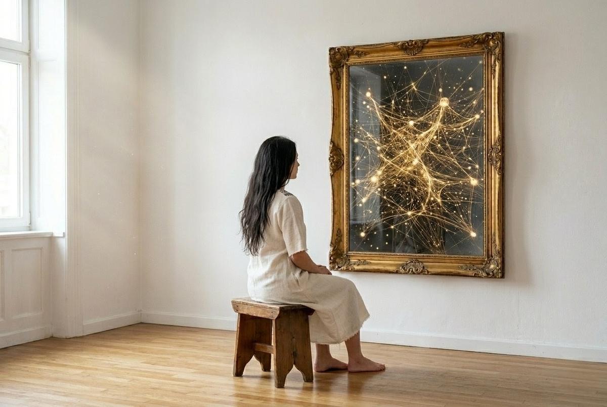 Figure sitting alone in empty room facing a mirror that reflects a crowd of connected lights