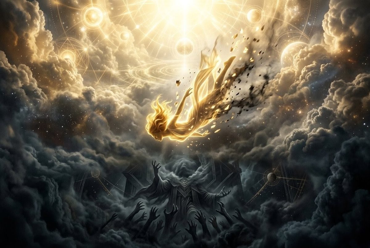 Golden divine figure falling through cosmic clouds into darker realms below, with fragments of light breaking off