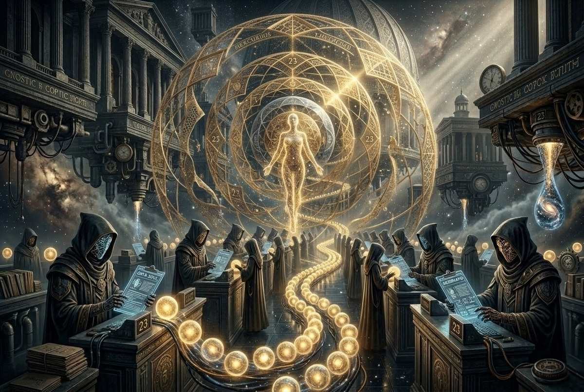 Soul ascending through seven planetary spheres in Hermetic tradition