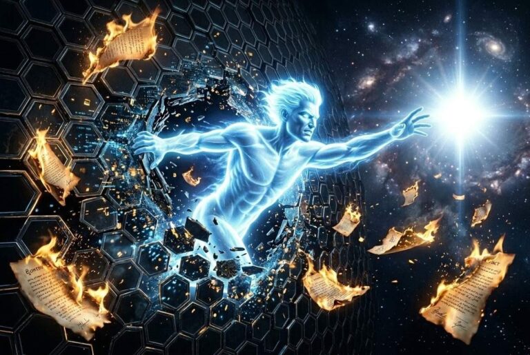 Luminous humanoid soul breaking through hexagonal grid barrier toward pure light source