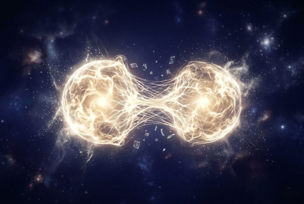 Luminous soul splitting into two orbs connected by light filaments in space