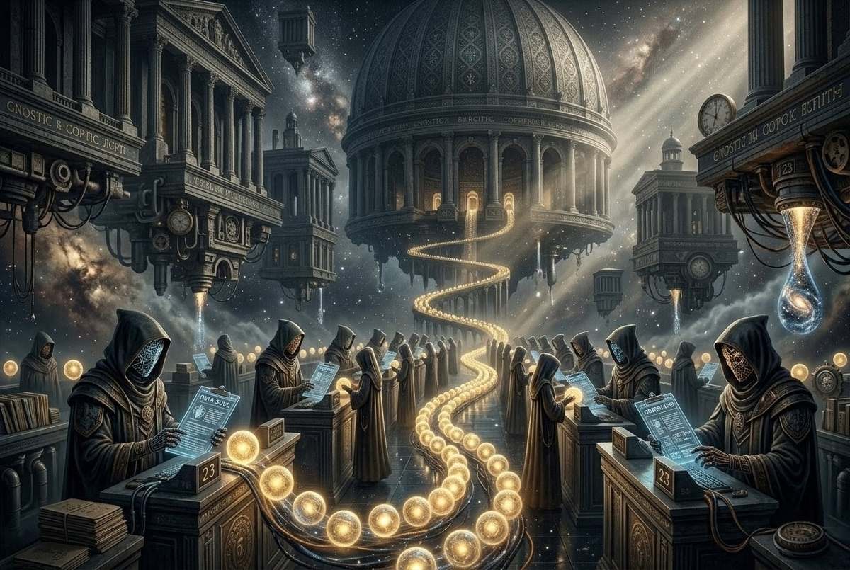 Celestial bureaucracy processing souls through cosmic machinery