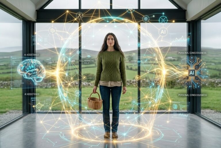 Human maintaining center while AI collaboration surrounds