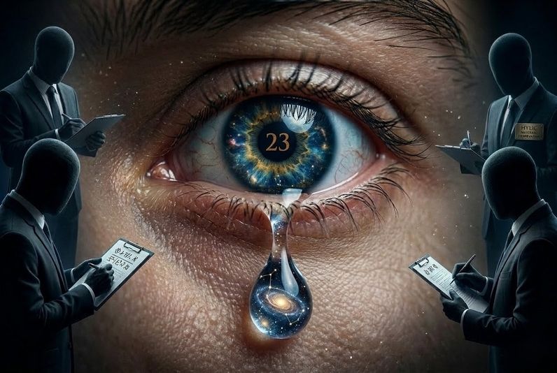 Eye reflecting cosmos with tear drop containing universe