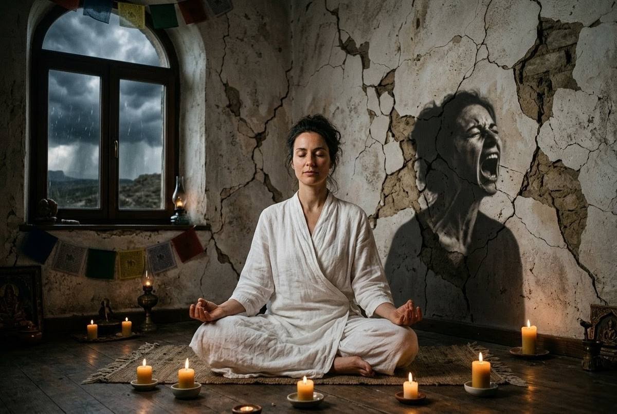 Figure sitting in perfect meditation posture while cracks show in the background structure