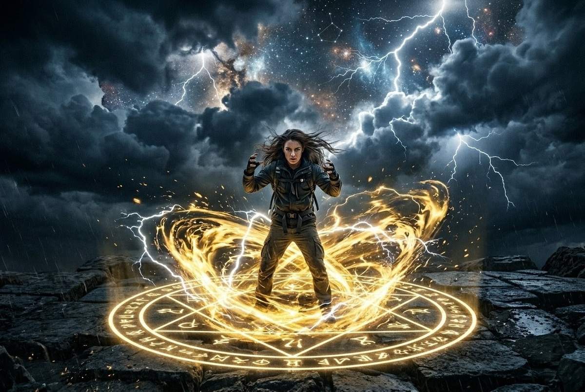 Figure surrounded by chaotic golden energy contained within geometric light boundaries