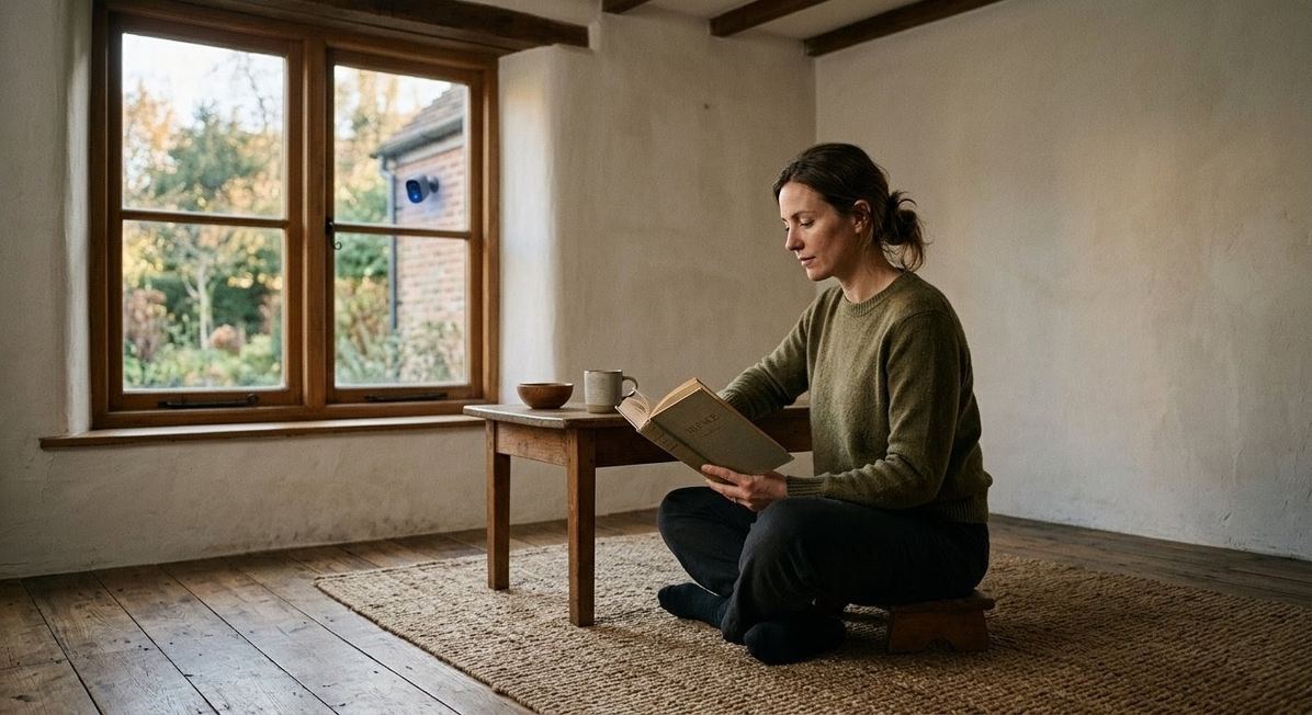 Contemplative figure in minimalist room with no digital devices, soft natural light, with faint surveillance camera glow visible through window