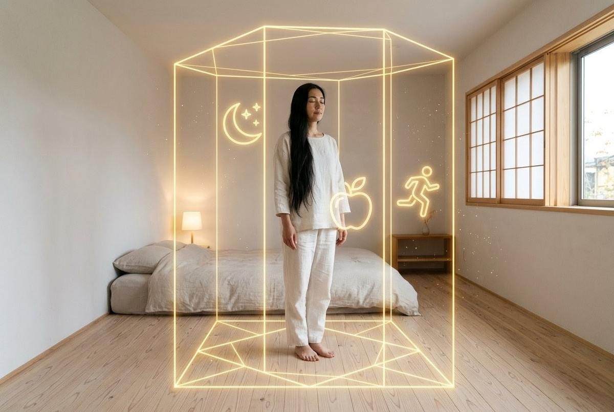 Minimalist bedroom with geometric golden light patterns forming a container around a standing figure