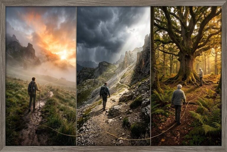 Triptych showing path through three seasons representing immediate, short-term, and long-term stages