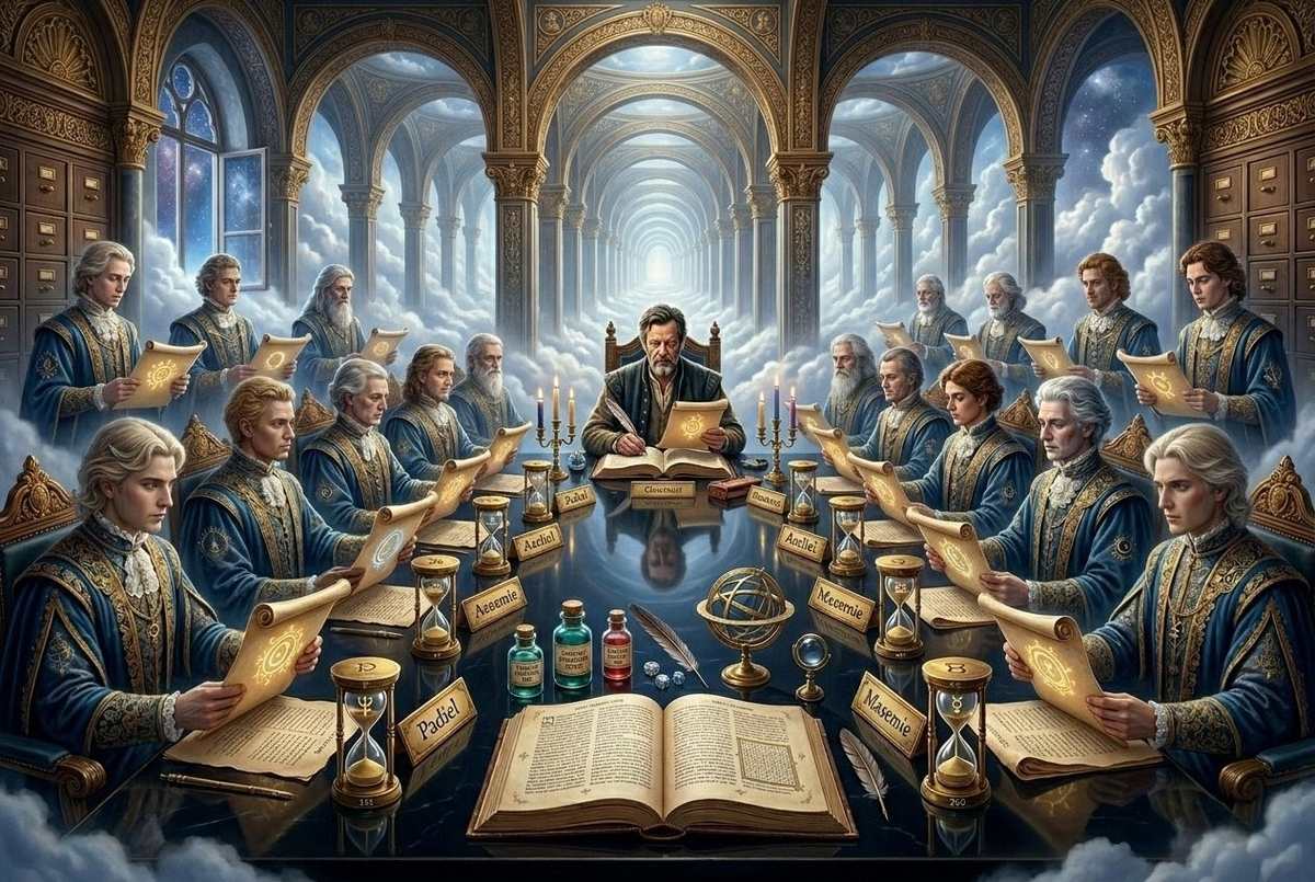 Visionary art depicting Padiel, Aseliel and the 25 spirits of Steganographia Book I as administrators at a celestial conference table with scrolls and planetary seals