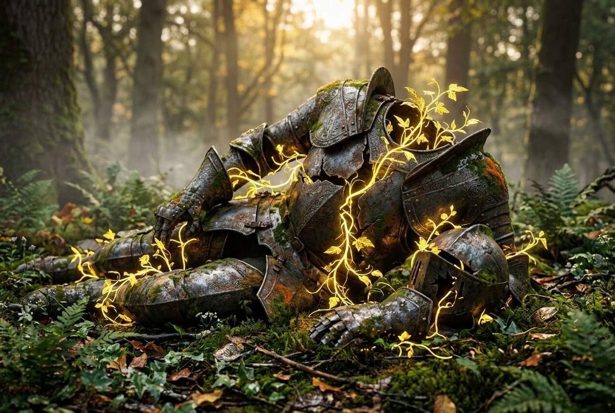 Broken medieval armour on ground with golden light growing through the cracks