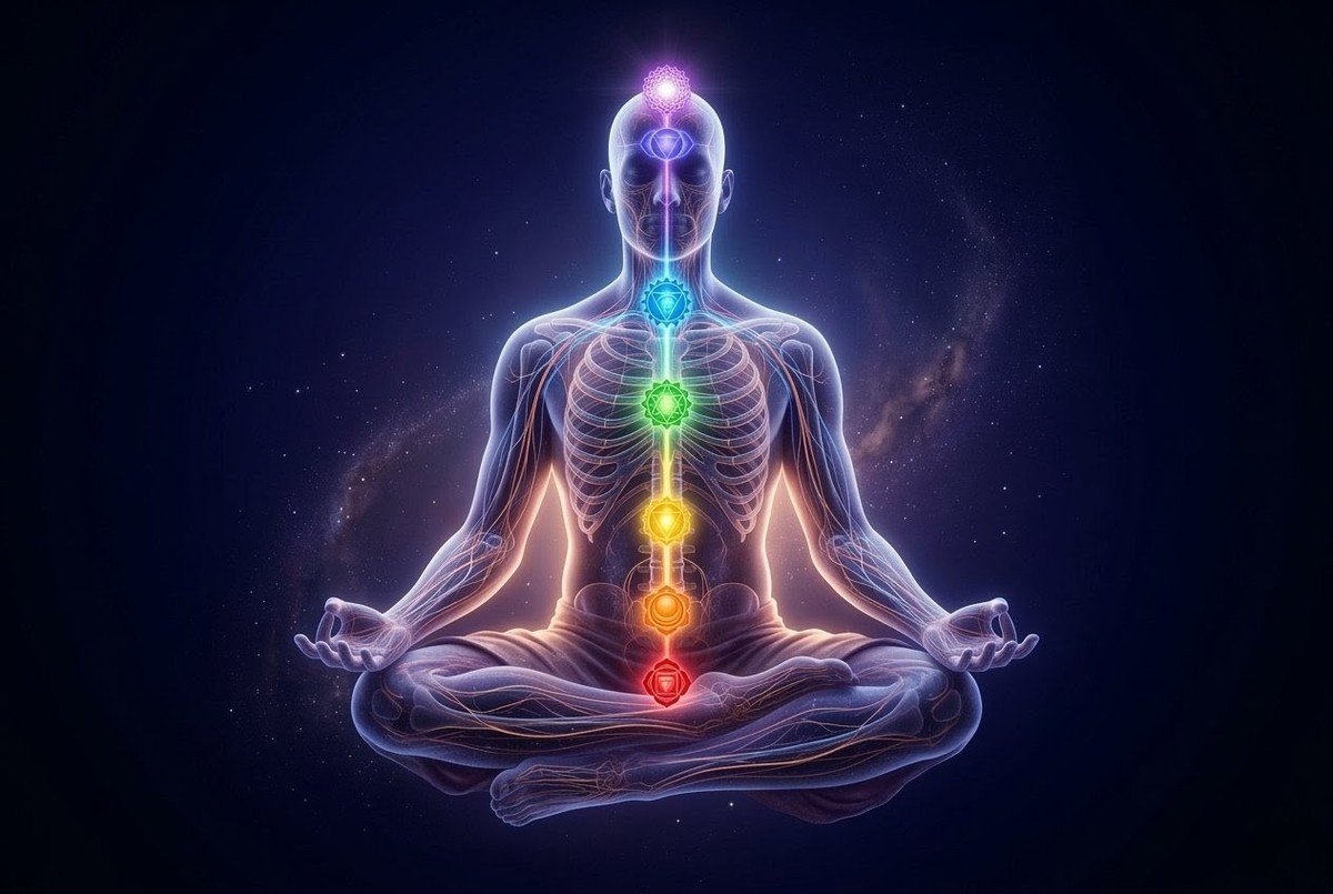 Luminous human figure showing chakra system and energy channels