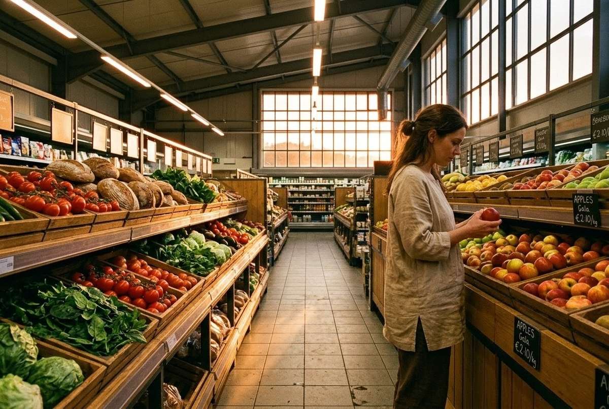 Supermarket aisle transformed with cathedral light