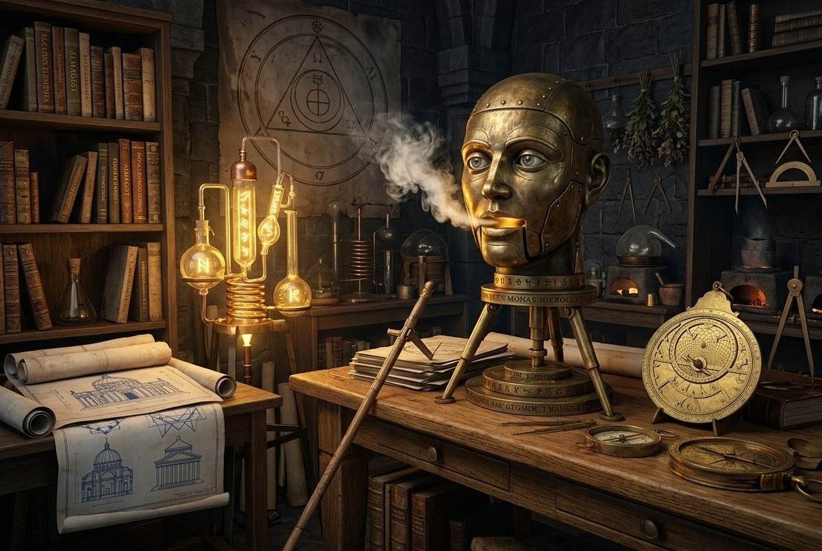 Renaissance thaumaturgical workshop with brazen head automaton, navigational instruments, architectural plans