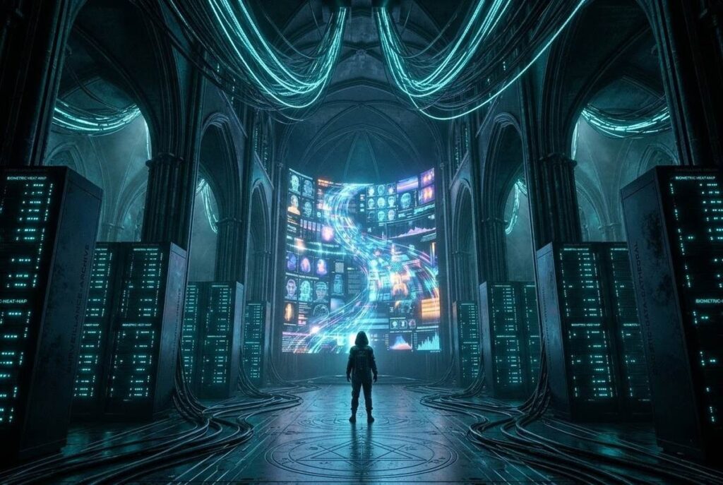Vast data centre interior resembling a dark cathedral with server racks, holographic biometric displays, and a solitary hooded figure looking up at surveillance screens
