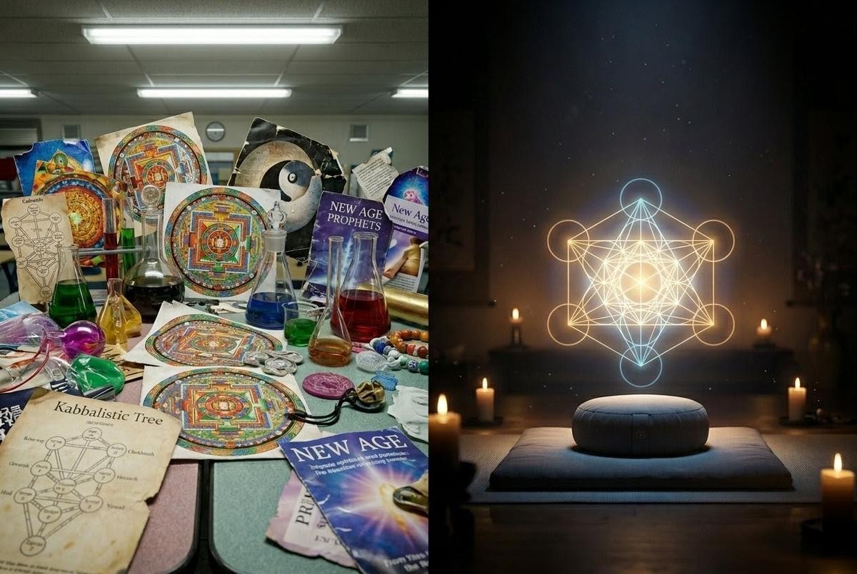 Split scene showing chaotic spiritual buffet versus focused integrated practice space