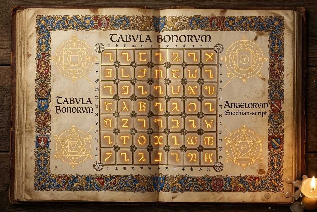Photorealistic illuminated manuscript showing 7x7 grid Tabula Bonorum with golden angelic names