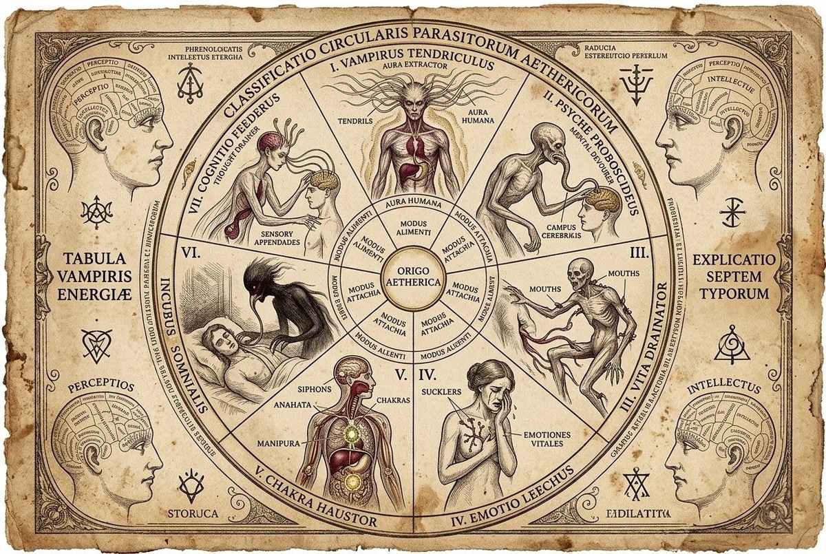Antique medical illustration showing seven types of energy parasites arranged like a phrenology chart