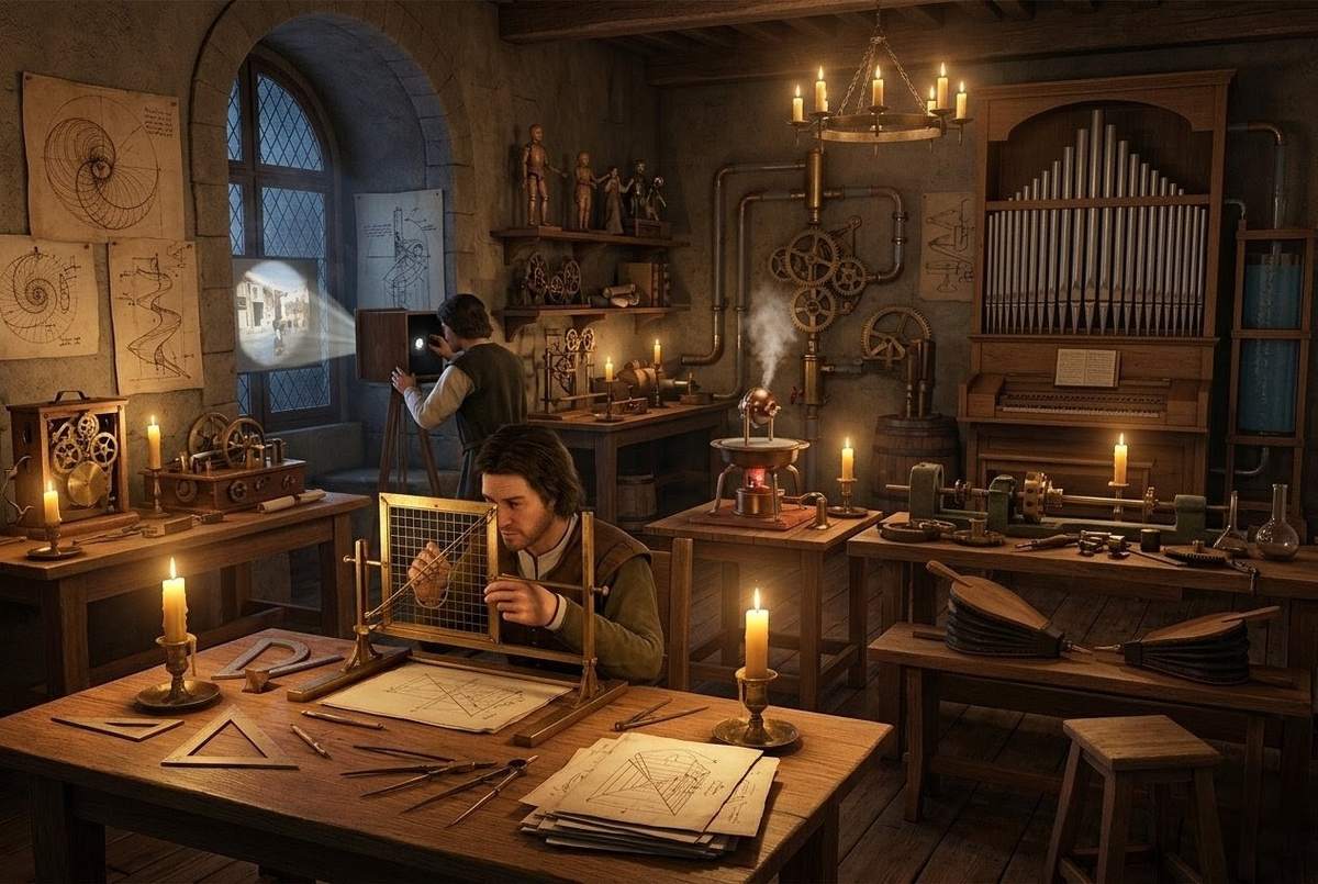 Renaissance technical instruments for perspective drawing, spiral diagrams, pneumatic devices, automata mechanisms