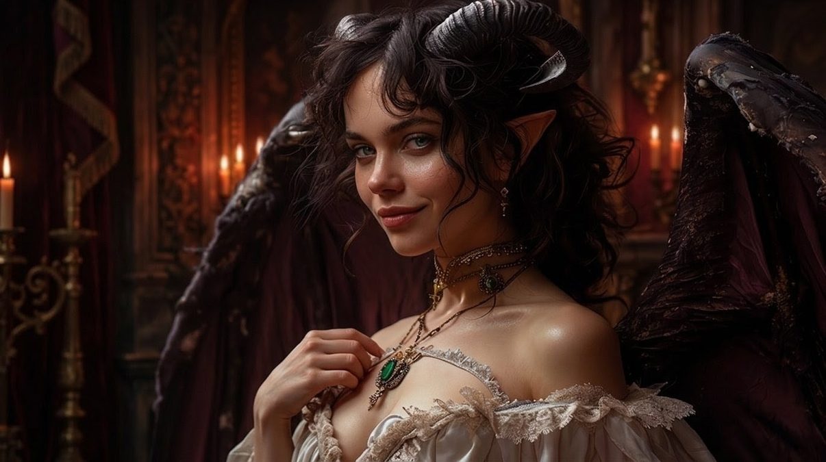 Succubus entity with curved black horns and dark wings