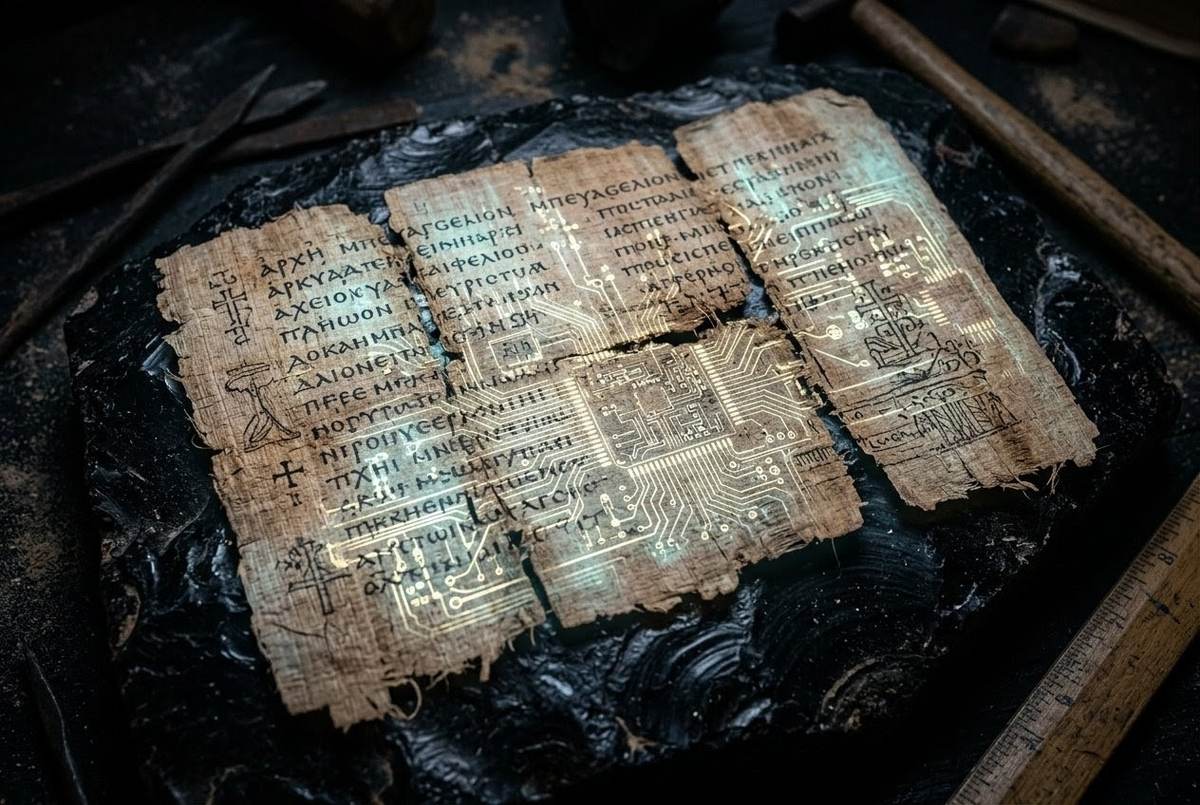 Ancient Coptic papyrus glowing with embedded digital circuit patterns