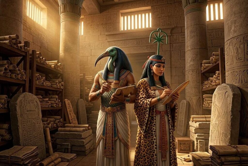 Thoth and Seshat in ancient Egyptian temple library with scrolls, seven-pointed star headdress, ibis head, celestial light