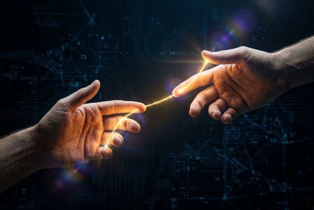 Two hands connected by golden thread of light across digital void with circuit patterns