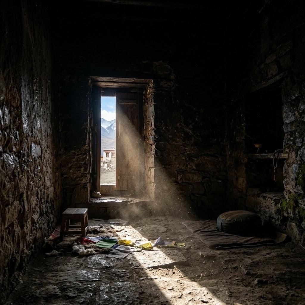 Traditional dark retreat chamber with single light beam