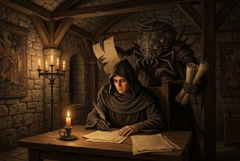 Shadow entity overshadowing an Inquisitor during an interrogation