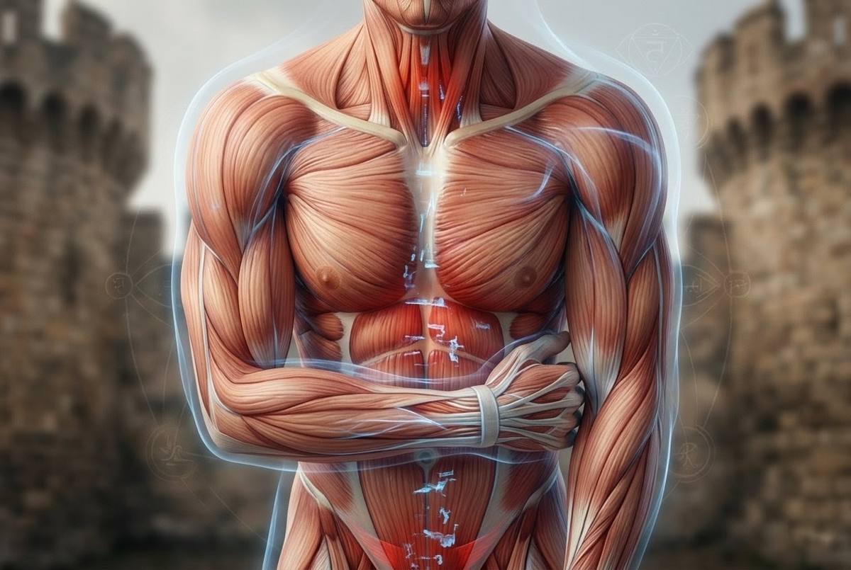 Human figure showing body armouring with tense muscular patterns blocking energy flow