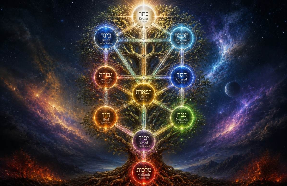Kabbalistic Tree of Life with ten luminous sefirot spheres connected by paths forming vertical ladder, ethereal light flowing from Kether to Malkuth