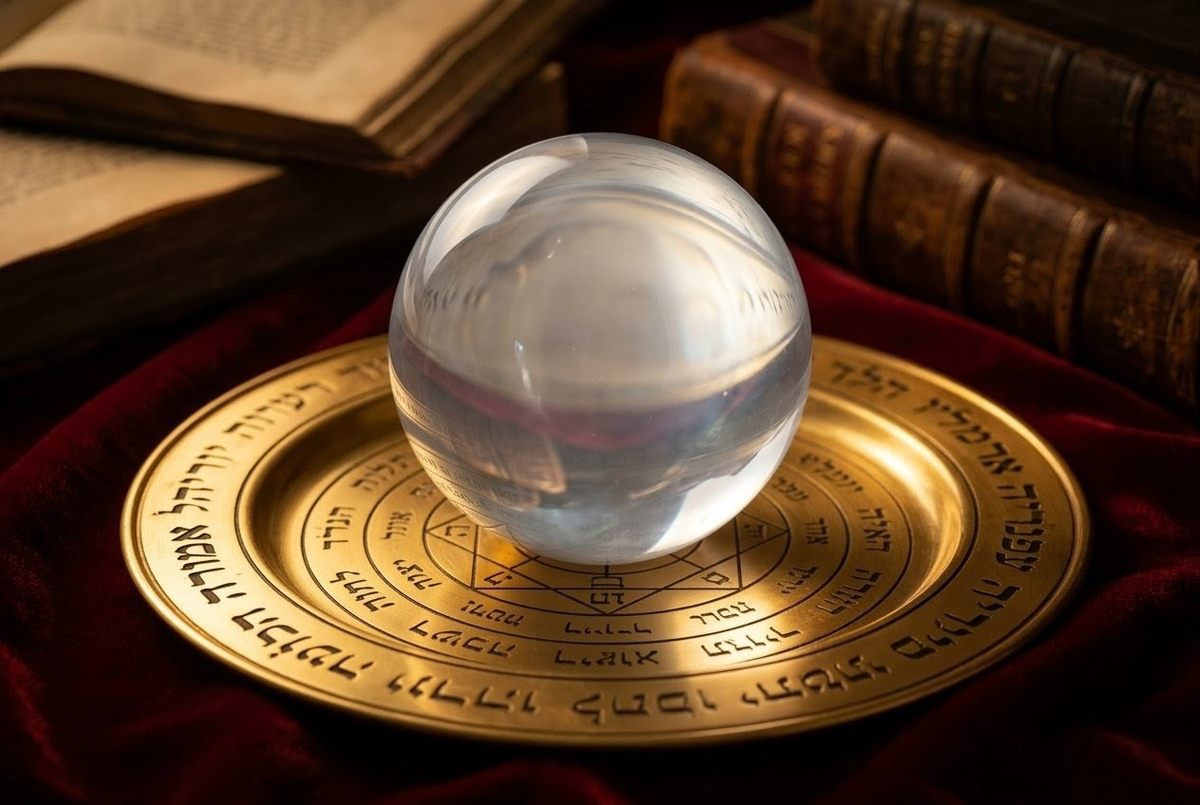 Crystal sphere on inscribed gold plate