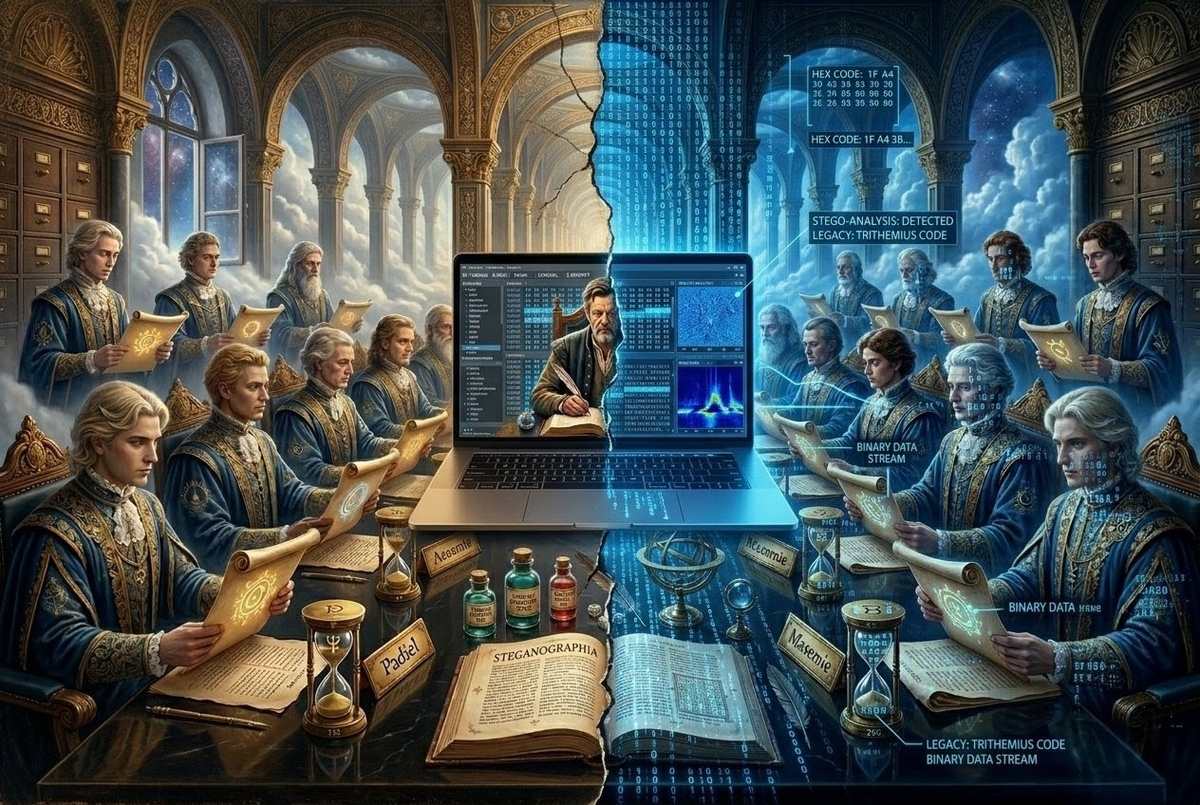 Split-screen showing Renaissance painting concealing binary code, illustrating the evolution of Trithemius steganography into modern digital encryption