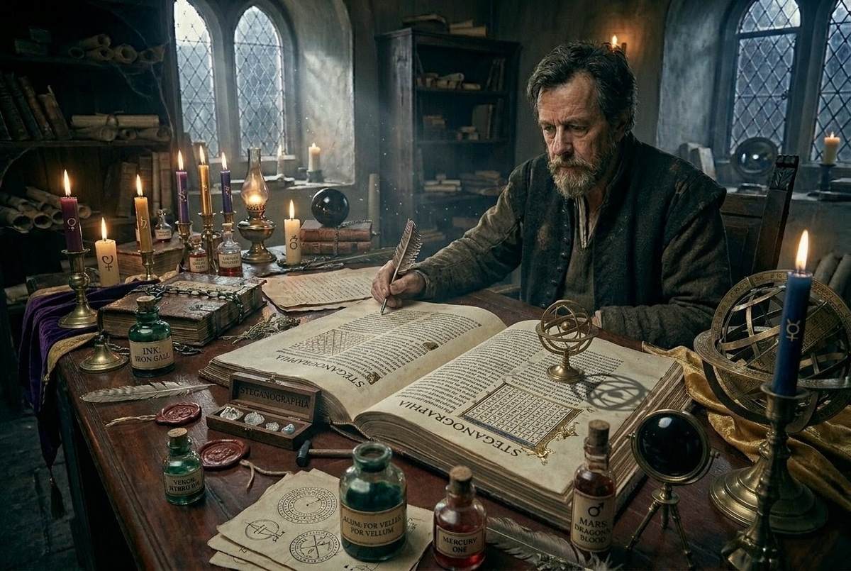 Johannes Trithemius writing the Steganographia in his Sponheim Abbey scriptorium surrounded by 2,000 books, astronomical instruments, and candlelight