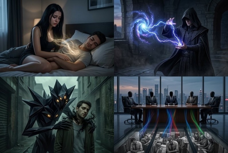 Four panel composition showing unconscious, conscious, elemental, and institutional vampires