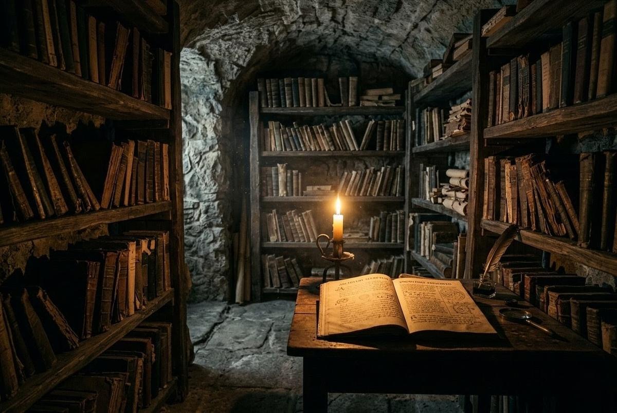 Underground library with printed texts and candlelight