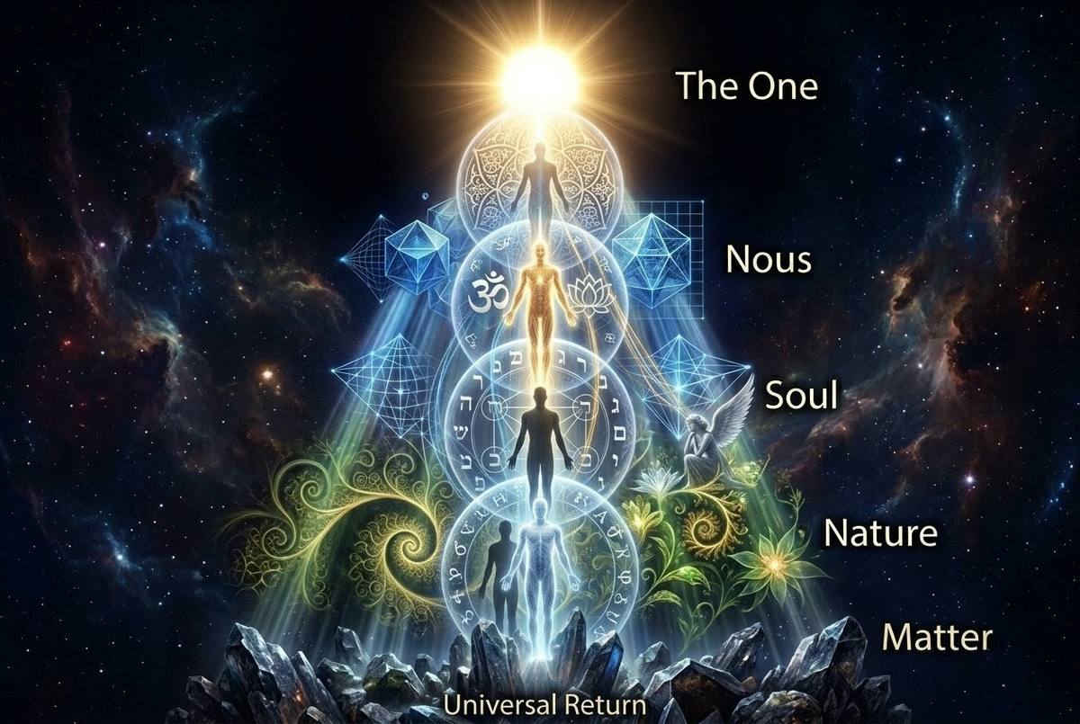Human figure ascending through glowing gateways marked with symbols from Sufism, Hinduism, Kabbalah and Greek philosophy