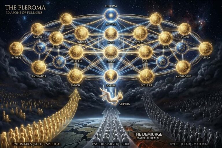 The 30 aeons of the Pleroma arranged as a complex three-dimensional organizational flowchart