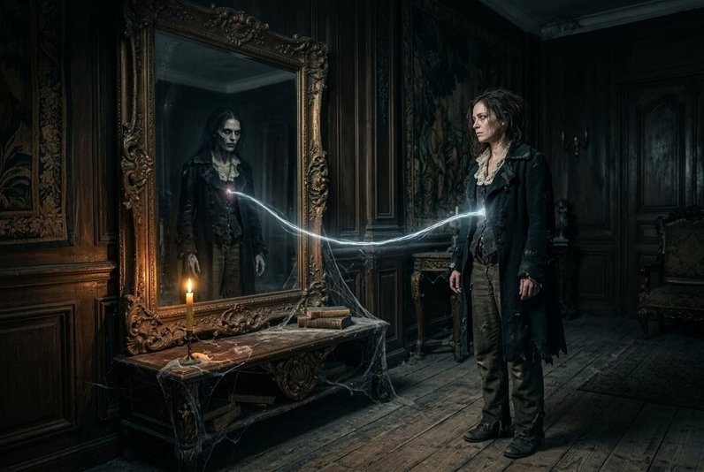 Figure facing vampire reflection in mirror showing both are connected by same cord