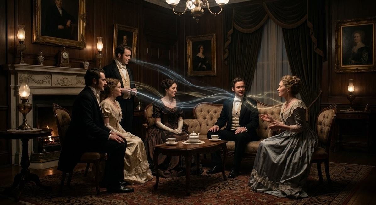 Victorian drawing room with barely visible luminous tendrils draining between two seated figures