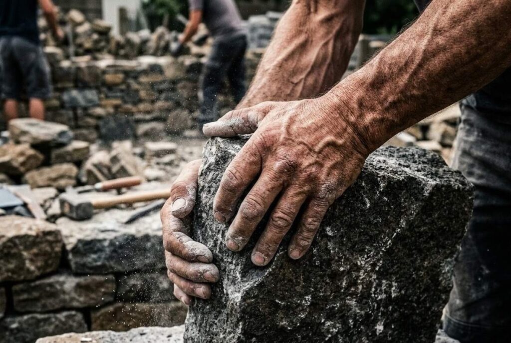 Weathered hands gripping heavy stone or iron weight with visible effort and dust