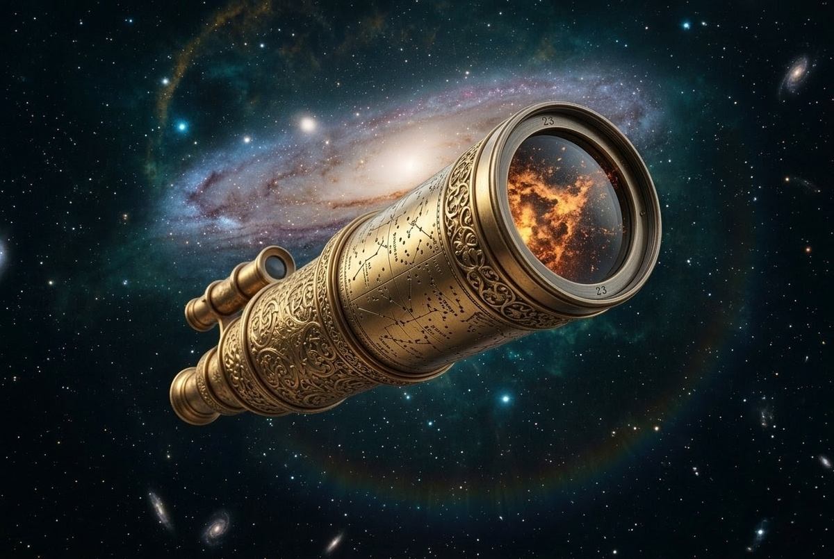 Ancient brass telescope falling away into stardust revealing open sky